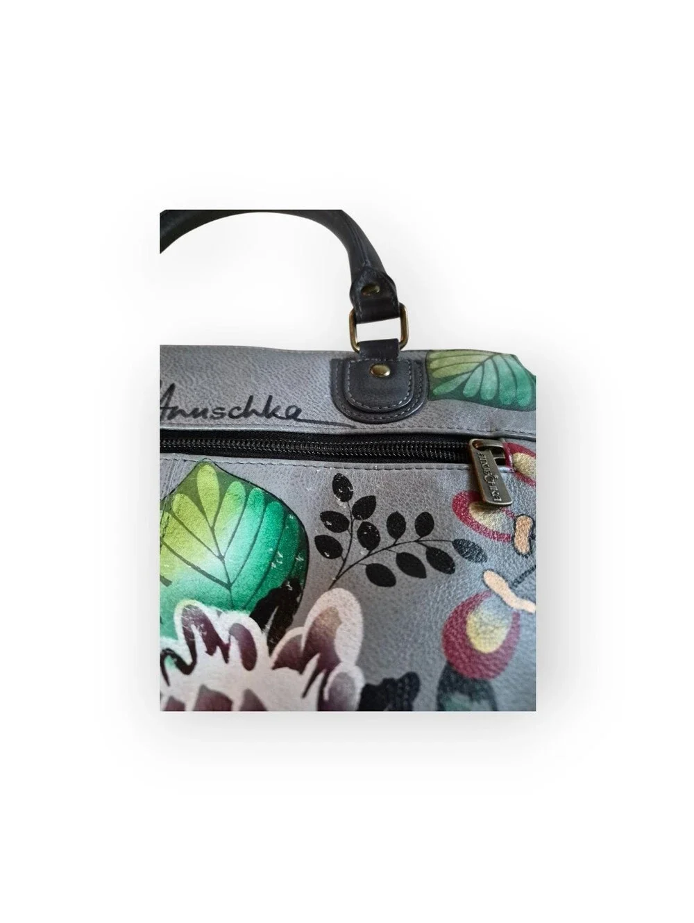 Anuschka Hand Painted Lg Leather Tote Garden Of Eden Grey/ Floral Pattern